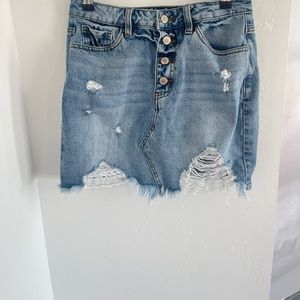 KanCan Jean Skirt Womens Size M Denim Mini Distressed Ripped Button Fly Blue